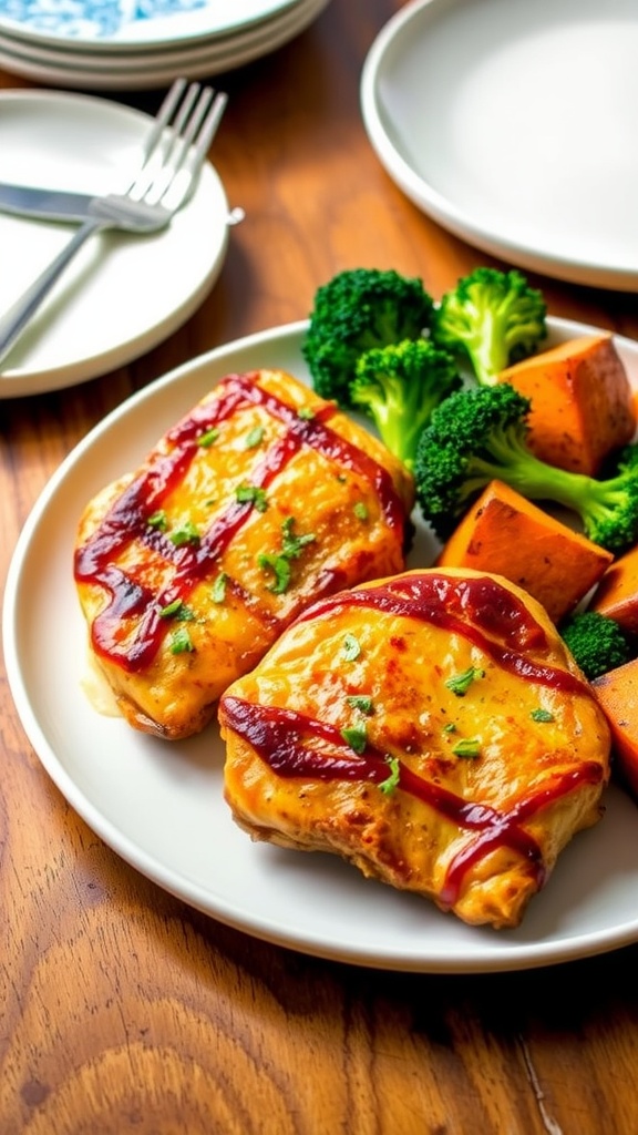 A plated air fryer meal with chicken, broccoli, and sweet potatoes for two on a dining table.
